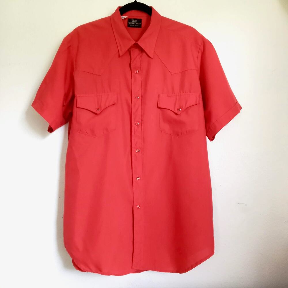 SEARS 1970's Pearl Snaps Western Cowboy Shirt SZ L Vintage Red Short Sleeve